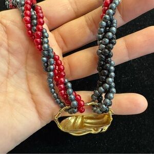 VTG Burgundy Red Black Lucite Beaded Multiple Strand Twisted Necklace Gold Clasp